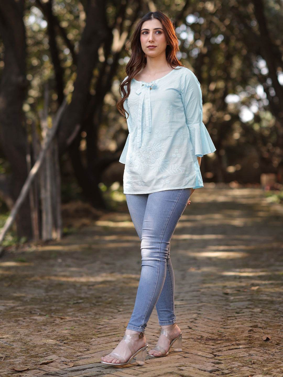 IQRA Chikankari Cotton Bell Sleeves Top - KRI CHIKANKARI